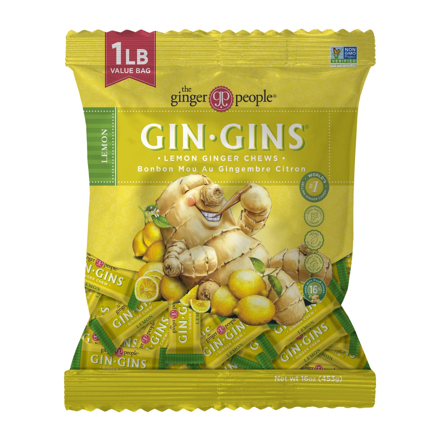 The Ginger People GIN GINS Lemon Ginger Chews - Natural Candy, 1 lb Bag, Individually Wrapped, Lemon Flavor
