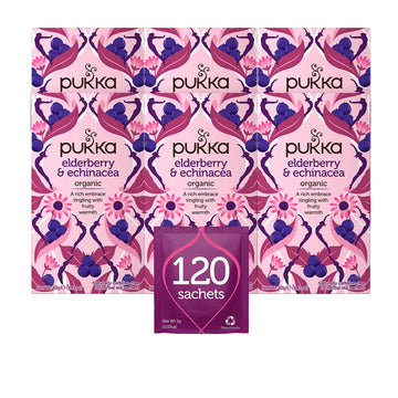 Pukka Organic Tea Bags, Elderberry  Echinacea Herbal Tea, Perfect For Wellness Support, 20 Count (Pack Of 6) 120 Tea Bags