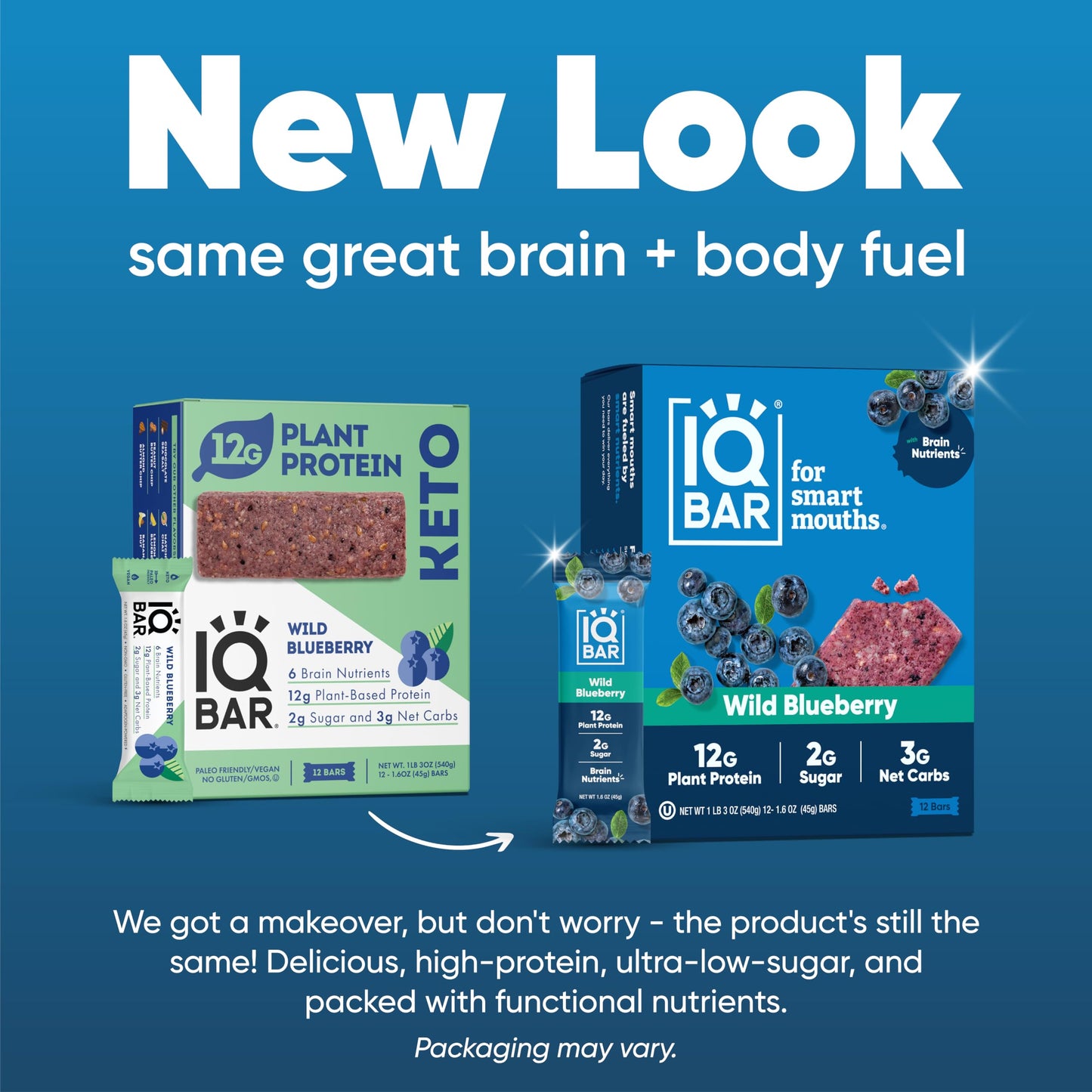 IQBAR Brain and Body Plant Protein Bars - Wild Blueberry - 12 Count, Low Carb, High Fiber, Gluten Free, Healthy Vegan Snacks - L