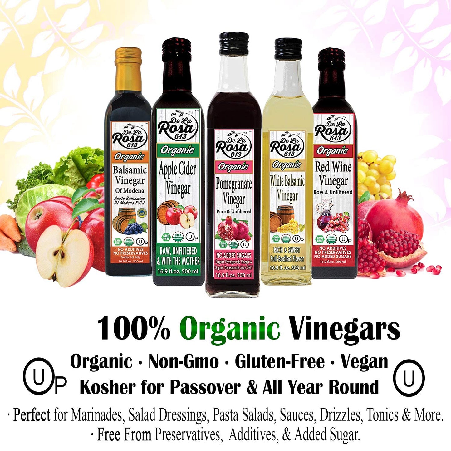 De La Rosa Organic Pomegranate Vinegar, Pure & Unfiltered, Vegan, Gluten Free & Kosher, Great For Salad Dressing, Marinades, 100% Pure Pomegranate Vinegar 16.9 Oz (Pack Of 1)