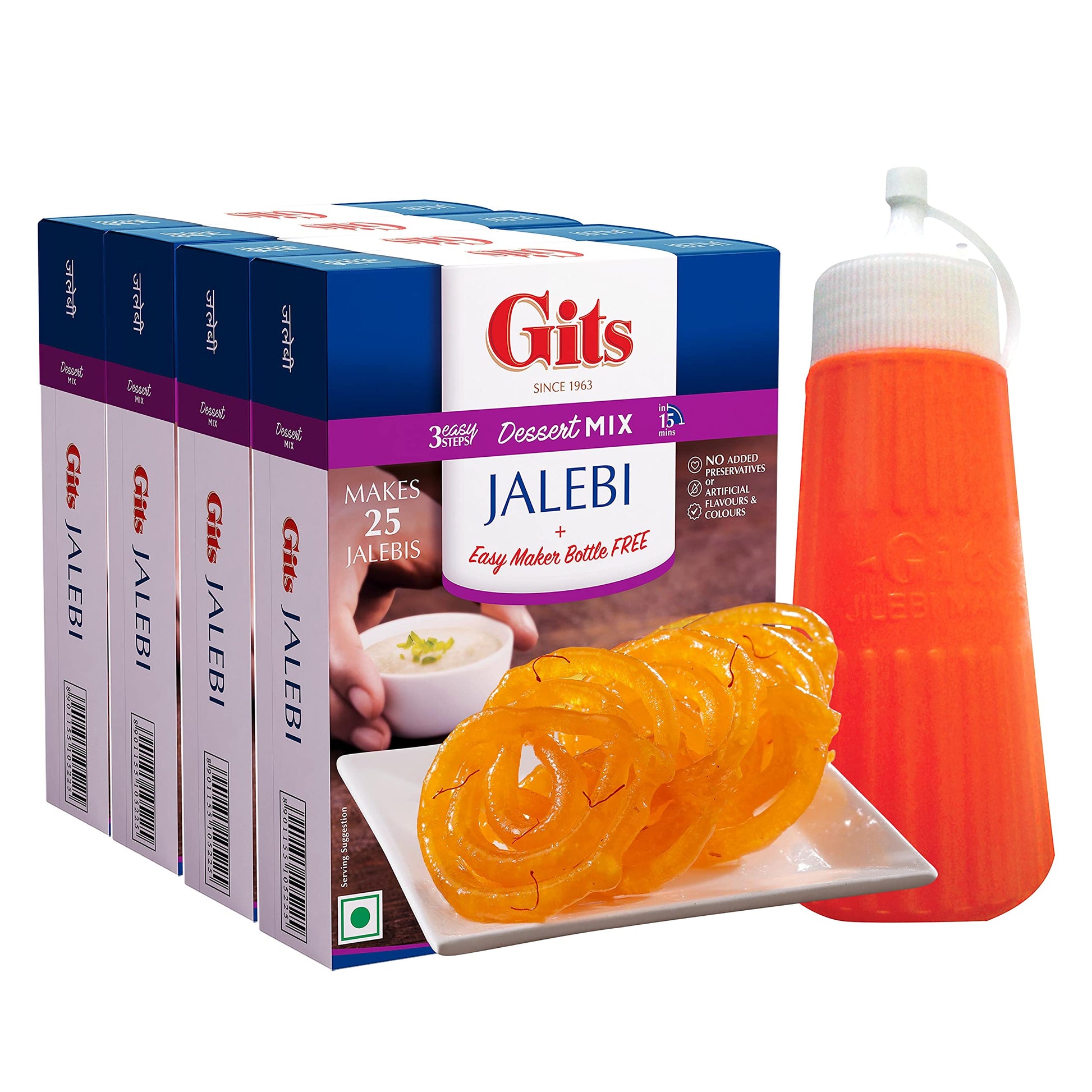 Gits Jalebi Dessert Mix, With Easy Maker Bottle, Pure Veg, Traditional Indian Sweet, 400G (Pack Of 4, 100G Each)