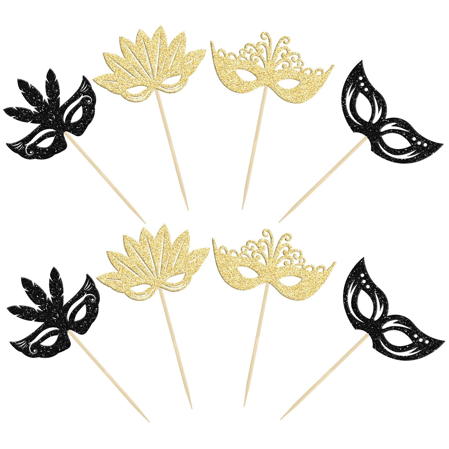 24Pcs Masquerade Masks Cupcake Toppers Black Gold Glitter Bachelorette Party Mask Cupcake Food Picks Masquerade Mardi Gras Party