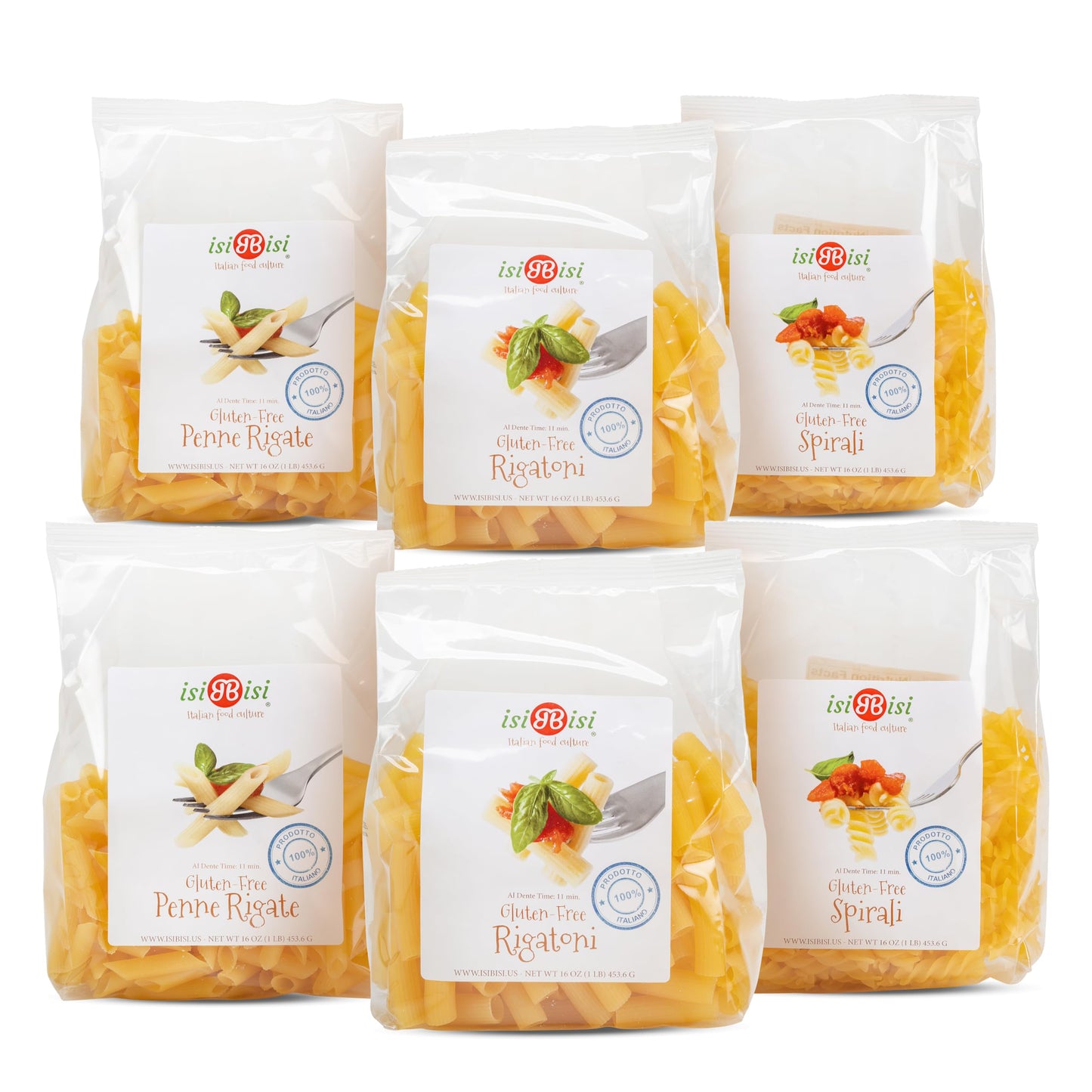 Isibisi Pasta Sampler - Penne, Rigatoni, Spirali Noodles - Authentic Italian Pasta In Bulk Made With Corn, Rice Flour - Non Gmo