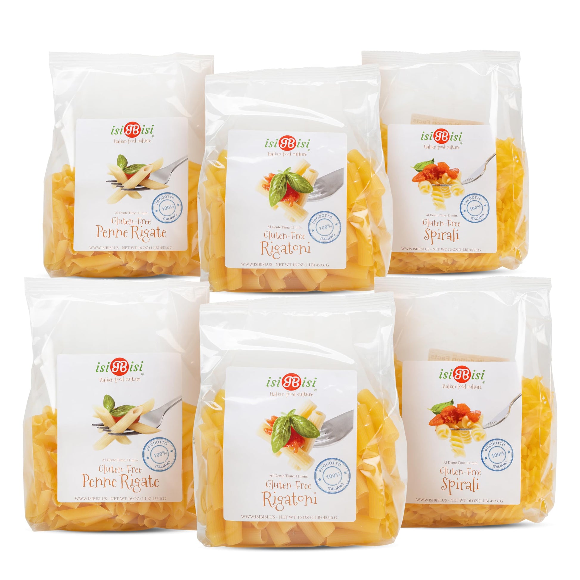 Isibisi Pasta Sampler - Penne, Rigatoni, Spirali Noodles - Authentic Italian Pasta In Bulk Made With Corn, Rice Flour - Non Gmo