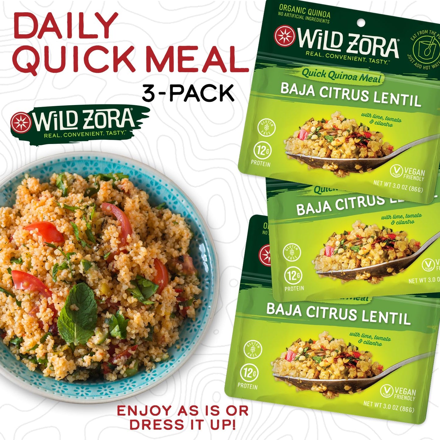 Wild Zora Instant Organic Quinoa Meals - Quick & Tasty Prepared Quinoa Bowls, Pantry Staples Gluten-Free Meal W/Lentils Plus 10G