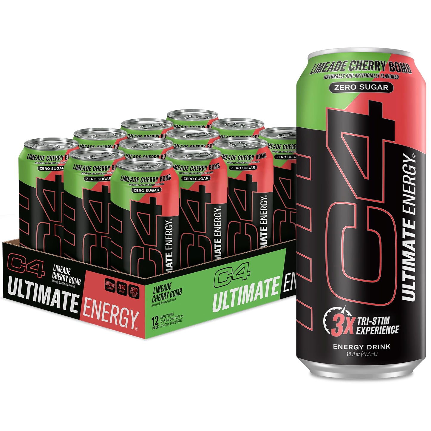 Cellucor C4 Ultimate Pre Workout Energy Drink, 300mg Caffeine, Limeade Cherry Bomb, 16oz (Pack of 12)