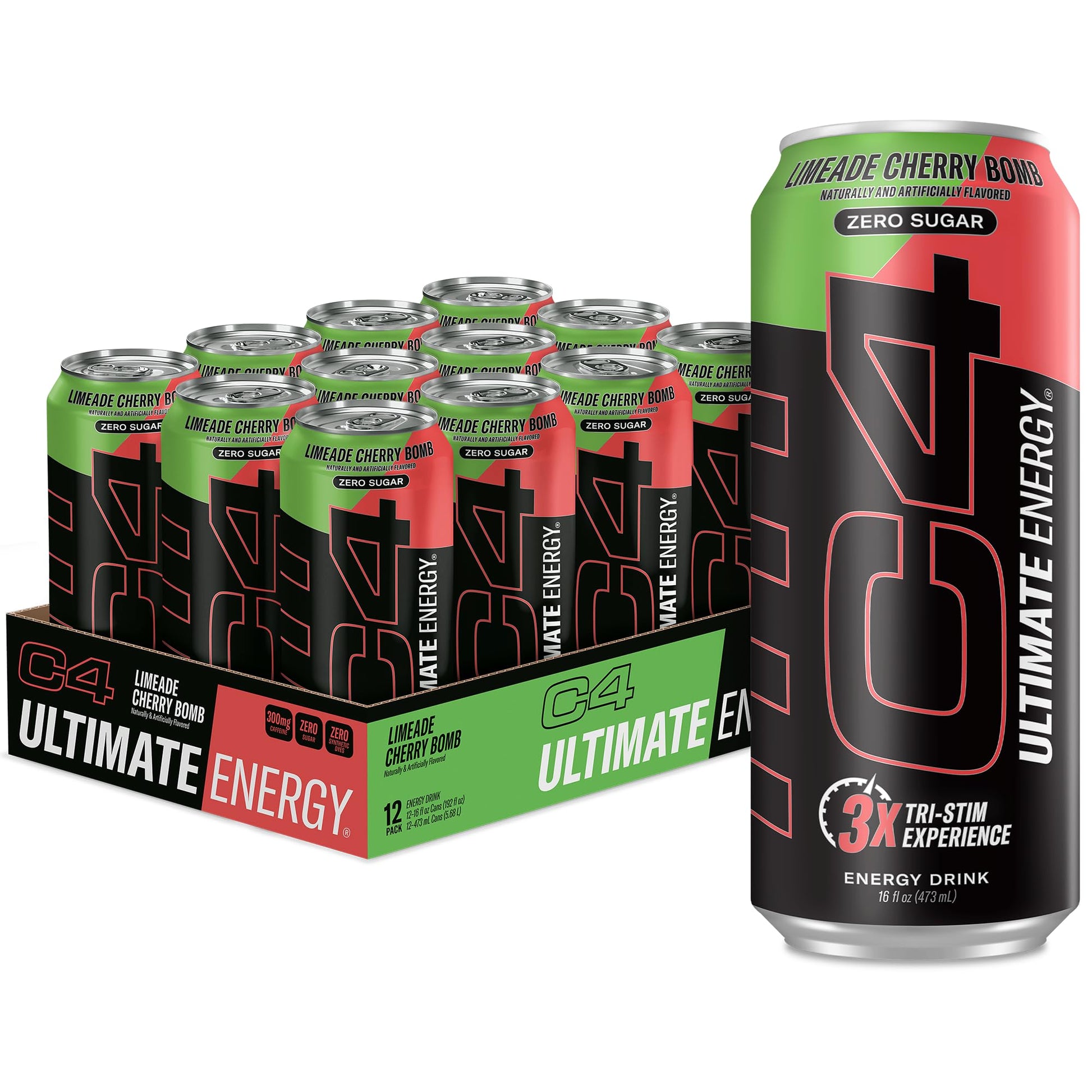 Cellucor C4 Ultimate Pre Workout Energy Drink, 300mg Caffeine, Limeade Cherry Bomb, 16oz (Pack of 12)