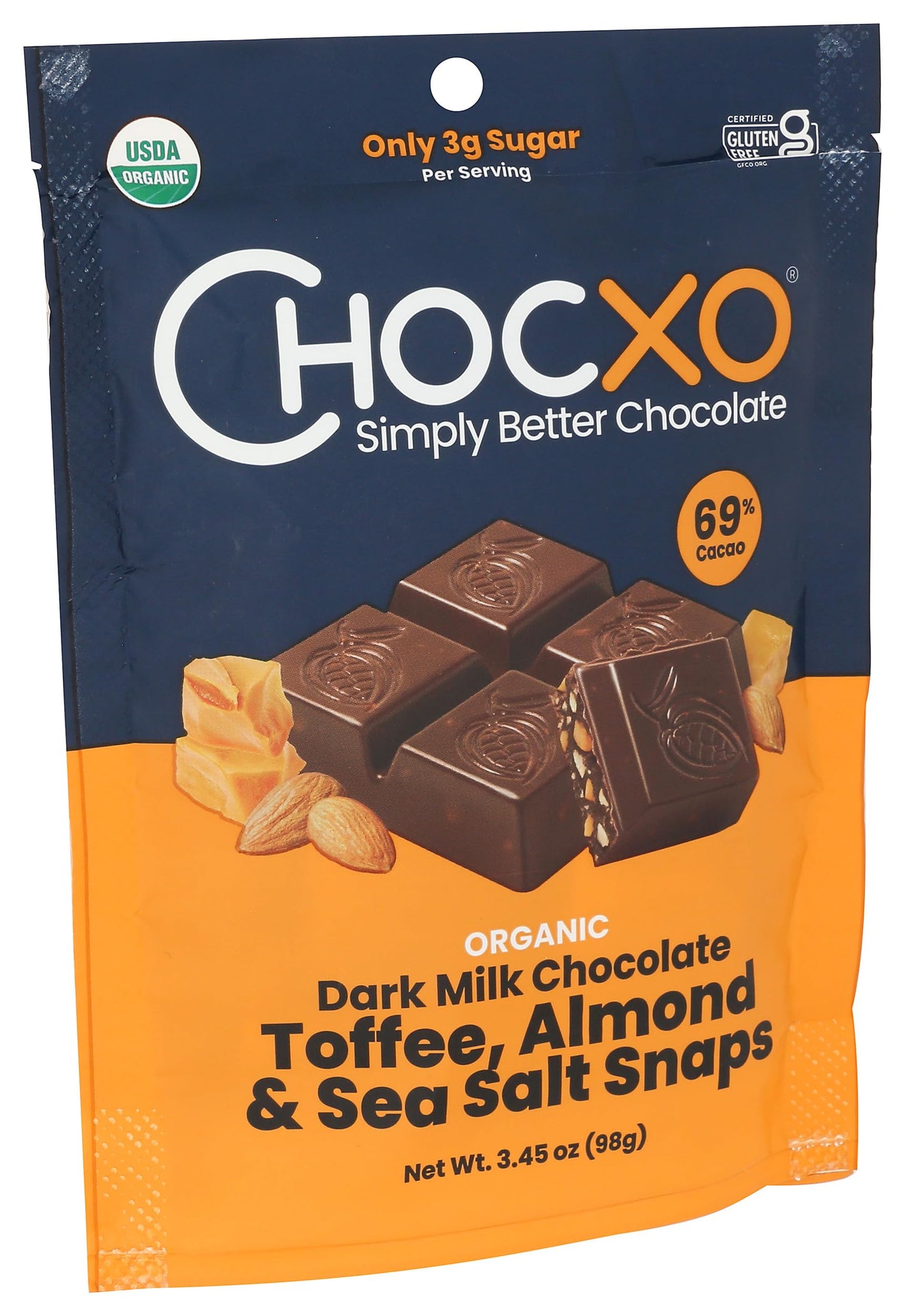 CHOCXO Organic Toffee Almond 69% Dark Milk Chocolate Snaps, 3.45 OZ