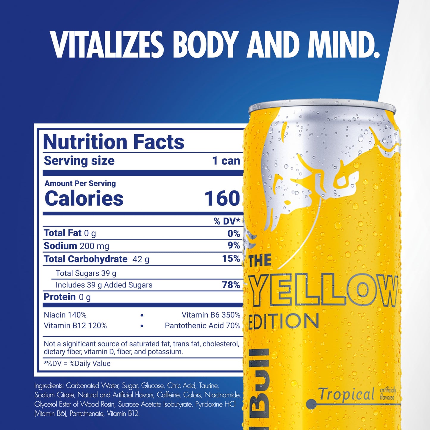Red Bull Yellow Edition Energy Drink, Tropical, 12 Fl Oz, Pack of 24 Cans, 114mg Caffeine, Model RB203753