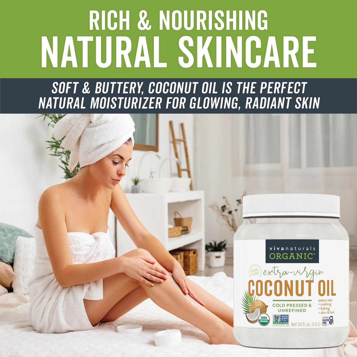 Viva Naturals Organic Coconut Oil - Unrefined Cold-Pressed Extra Virgin - 54 Fl Oz - USDA Organic & Non-GMO