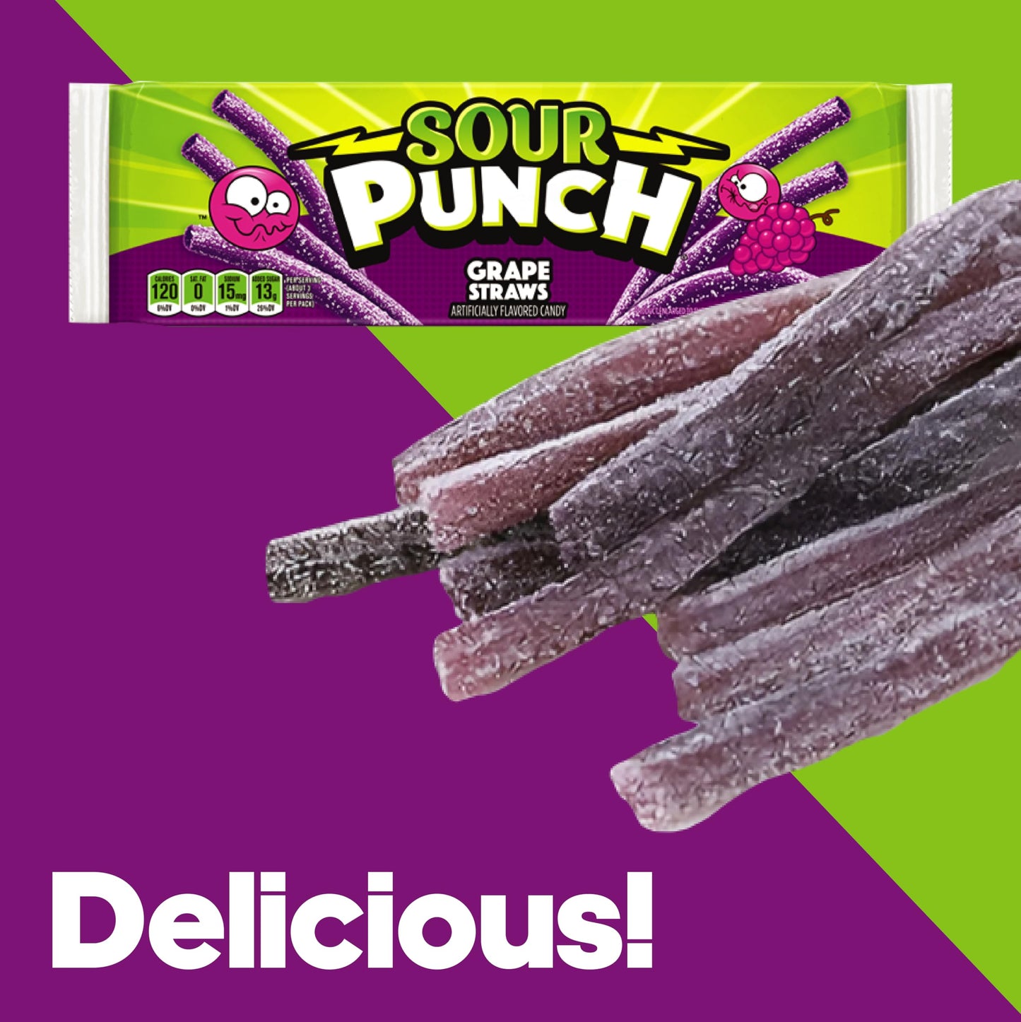 Sour Punch Grape Straws Candy, 2 Oz Pack Of 3 - Chewy, Mouthwatering Grape-Flavored Sour Candy - Fat-Free, Low Sodium Treat For