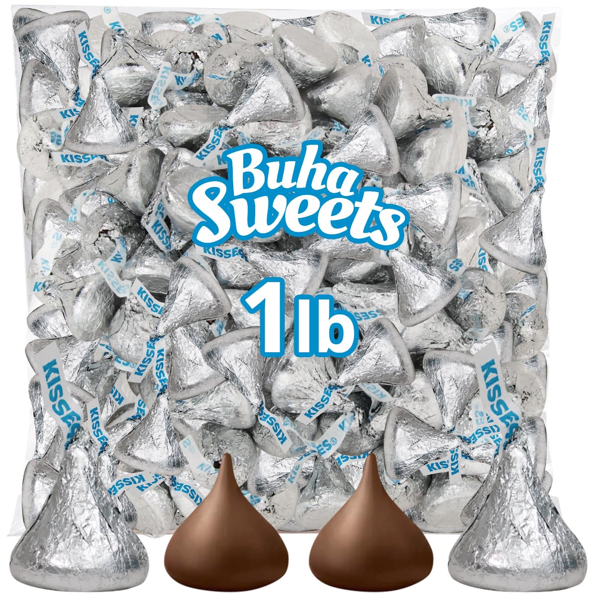 Bulk Milk Chocolate Kisses 1 Pound Approx. 100 Pieces - Individually Wrapped Silver Foil Milk Chocolate Candy For Party Favors, Candy Buffets & Gifts