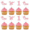 24Pcs One Cupcake Toppers Glitter 1St Birthday Cupcake Pick Decorations For Baby Shower First Birthday Party Cake Decorations Su