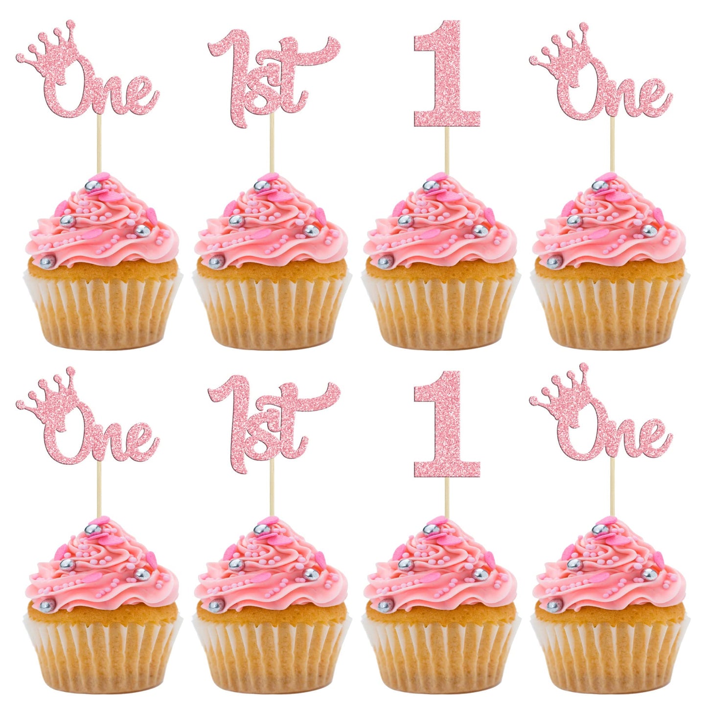 24Pcs One Cupcake Toppers Glitter 1St Birthday Cupcake Pick Decorations For Baby Shower First Birthday Party Cake Decorations Su
