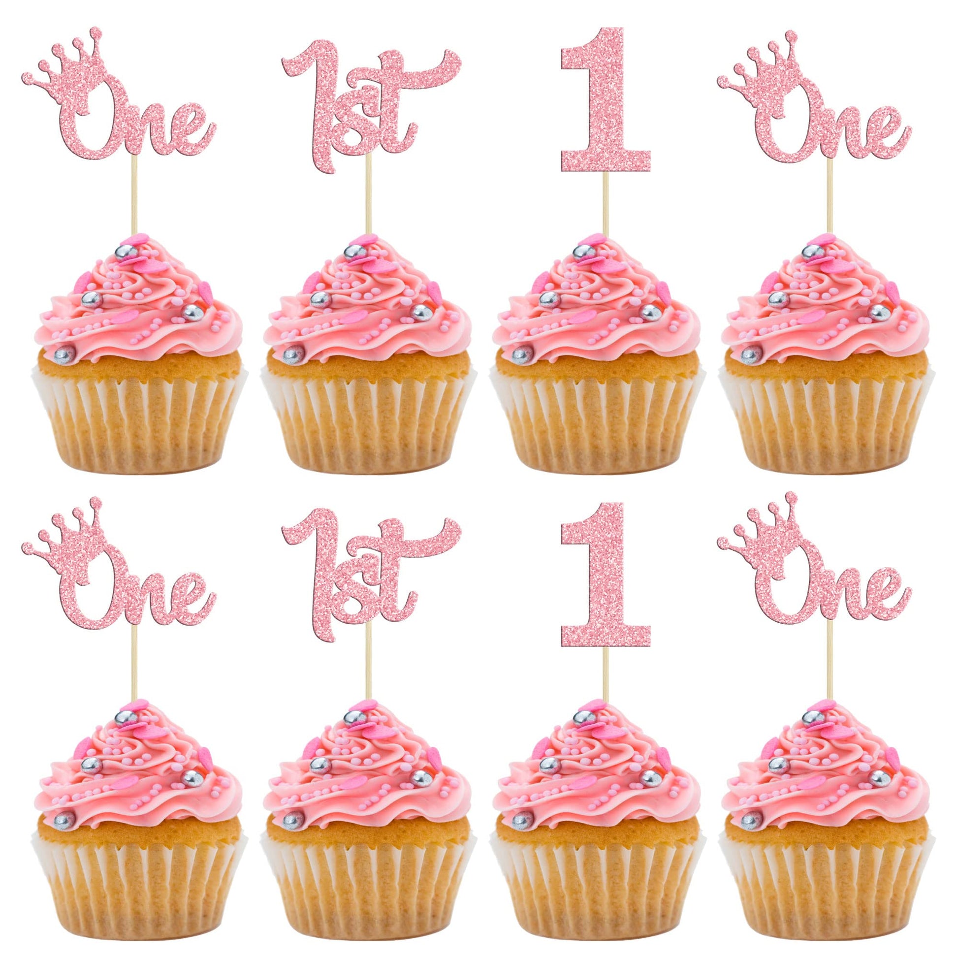 24Pcs One Cupcake Toppers Glitter 1St Birthday Cupcake Pick Decorations For Baby Shower First Birthday Party Cake Decorations Su