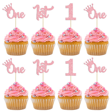 24Pcs One Cupcake Toppers Glitter 1St Birthday Cupcake Pick Decorations For Baby Shower First Birthday Party Cake Decorations Su