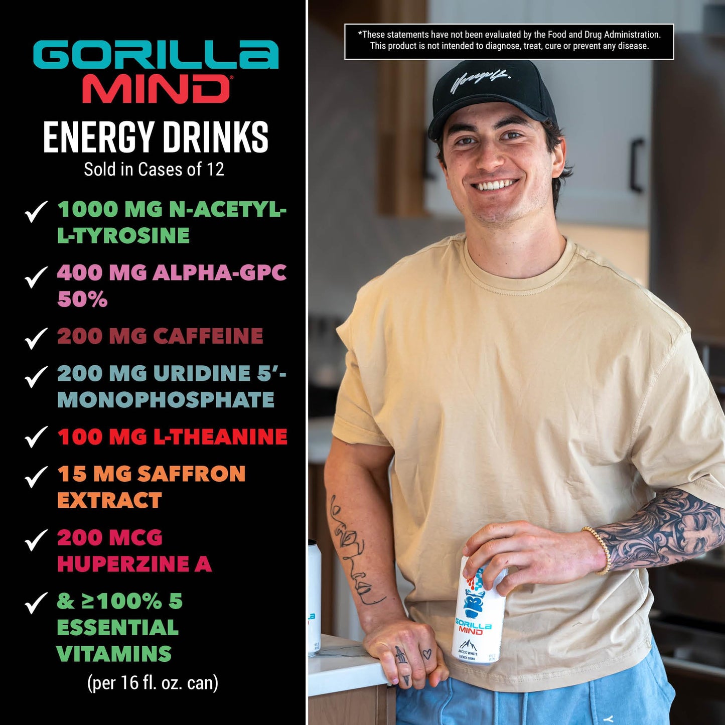 Gorilla Mind Energy Drink - 200mg Caffeine, N-Acetyl-L-Tyrosine, Alpha-GPC, 0 Sugar - 16oz, 12-Pack (Orange Rush