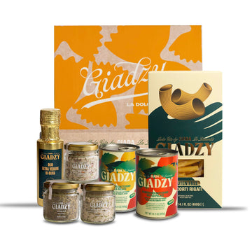 Giadzy by Giada De Laurentiis Italian Gourmet Gift Box - Includes Mini Gold - Wrapped Olive Oil, Gluten Free Ziti Corti, Peeled 