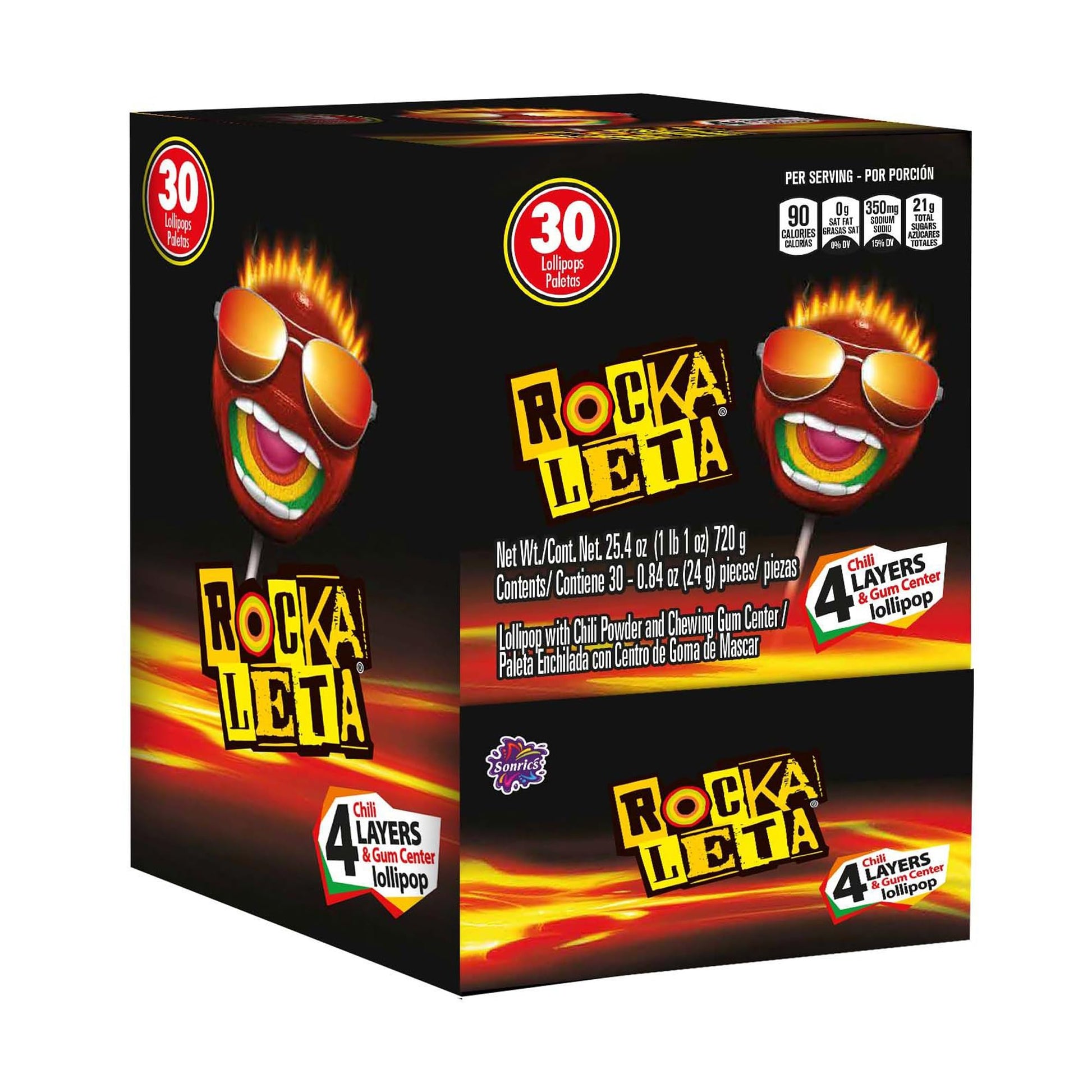 Sonrics Rockaleta Lollipop Chili Layered with Gum Center  Spicy  Sour  Sweet Candy Lollipops  25.3 oz Dispenser Box (Pack of 8)