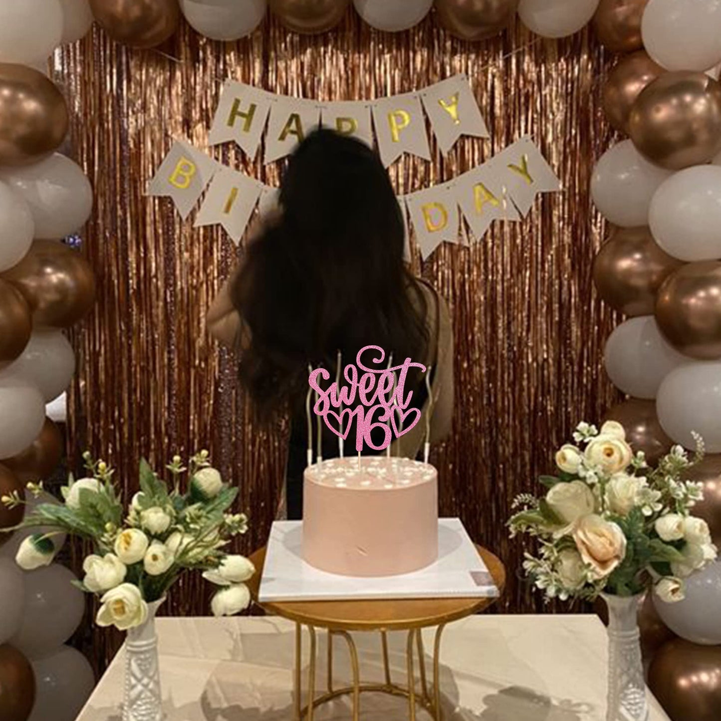 YCTHUNFISH 16th Birthday Cake Topper, Glitter Pink Bamboo Decoration for 16 Years Old Celebration