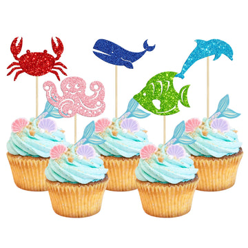 Gyufise 30 Pack Ocean Sea Animals Cupcake Toppers Dolphin Crab Whale Octopus Fish Cupcake Picks Baby Shower Under The Sea Animal
