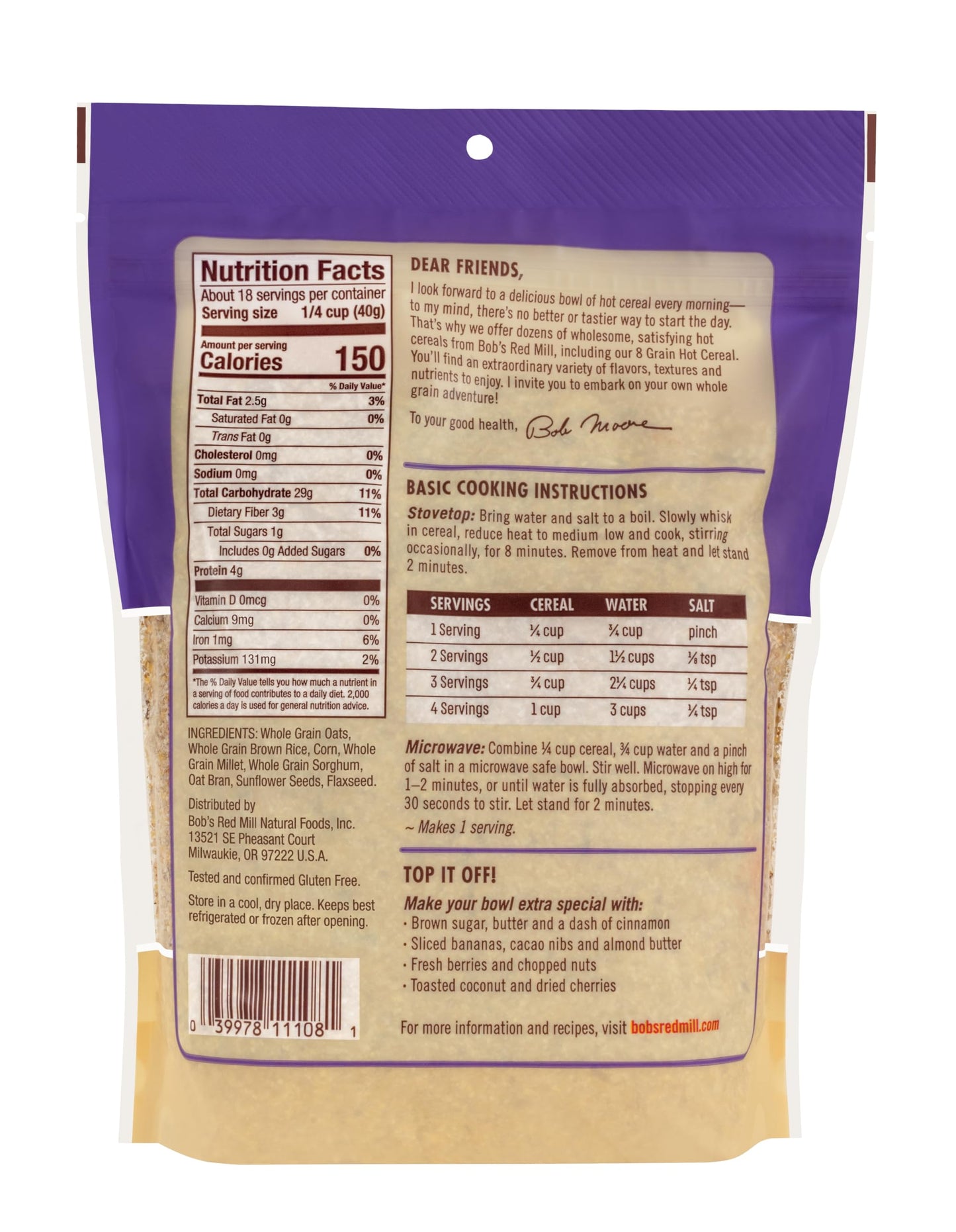 Bobs Red Mill Gluten Free 8 Grain Hot Cereal, 25oz (Pack of 4) - Vegan, Kosher