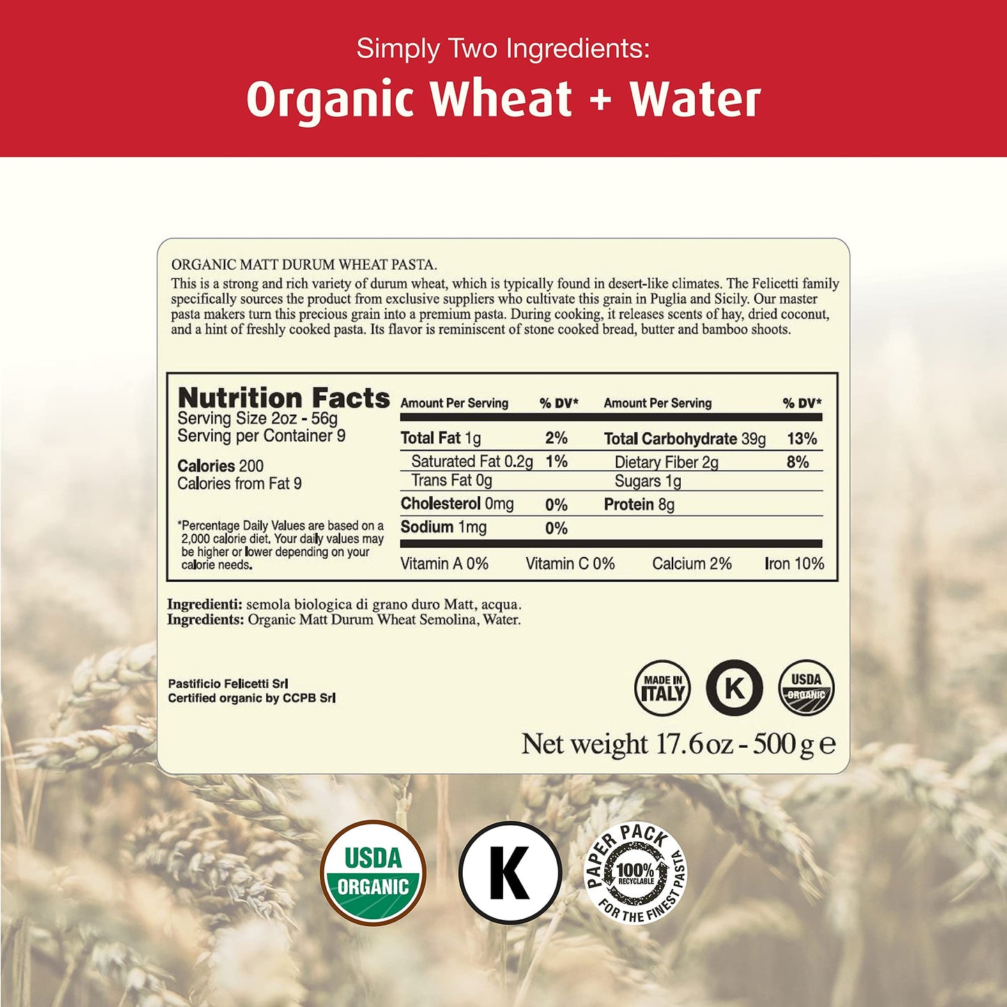 Monograno Felicetti Matt Fusilloni Pasta Italian Organic Non-GMO 17.6oz (500g) 2 Pack