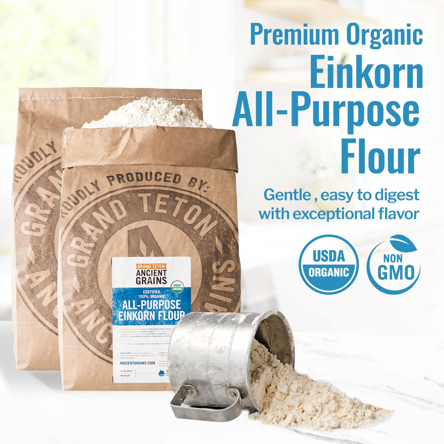 Grand Teton Einkorn Flour - 100% Organic All-Purpose, Non-GMO, 40 lbs (Pack of 2)
