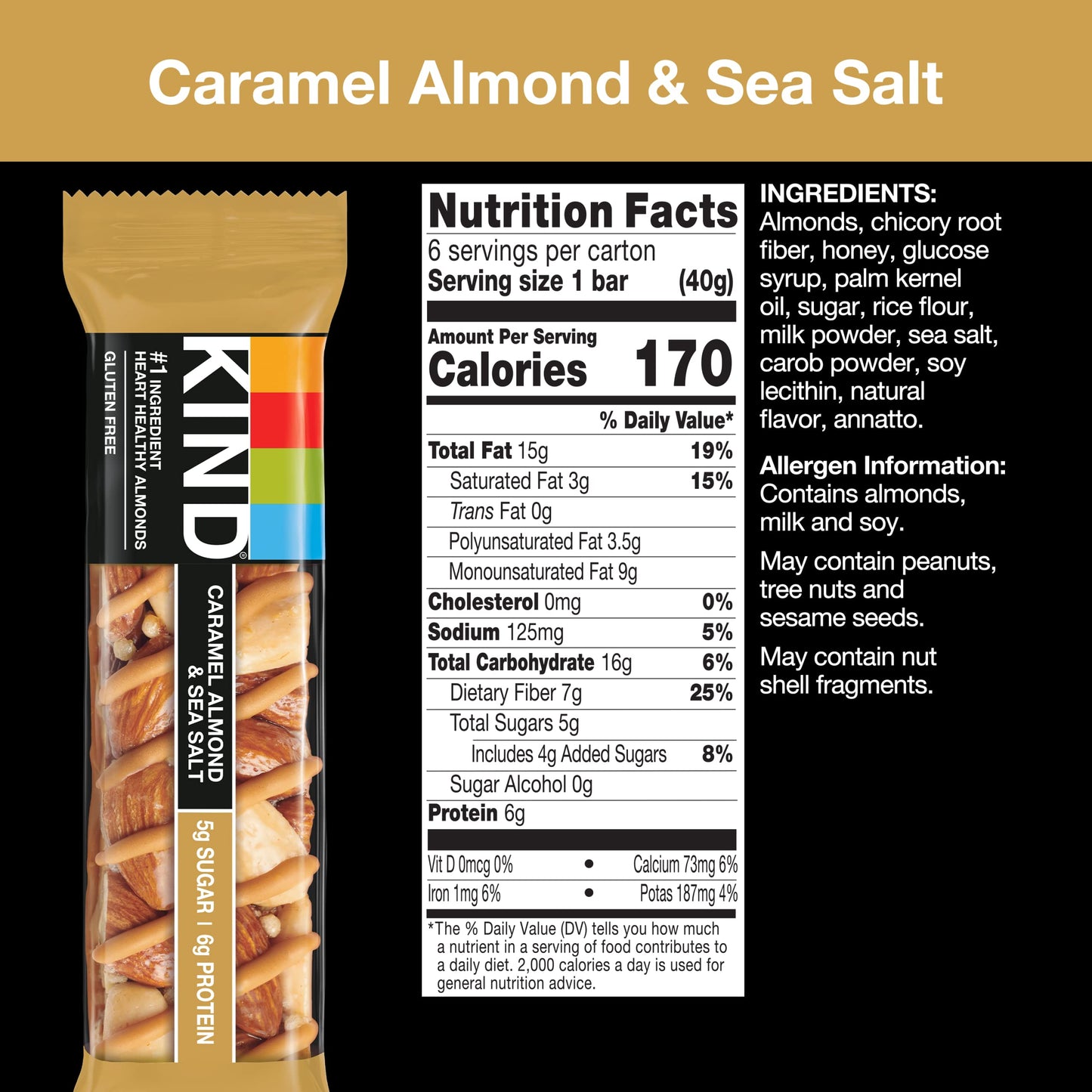 KIND Bars, Caramel Almond & Sea Salt, Healthy Snacks, Gluten Free, Low Sugar, 6g Protein, 24 Count
