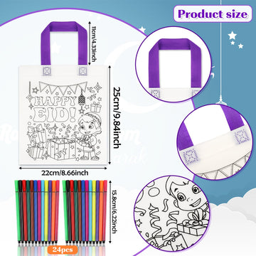 Howaf 12Pcs Eid Holiday Coloring Goodie Bags With Paint Pens For Kids, Eid Mubarak Coloring Candy Bags Ramadan Mubarak Coloring
