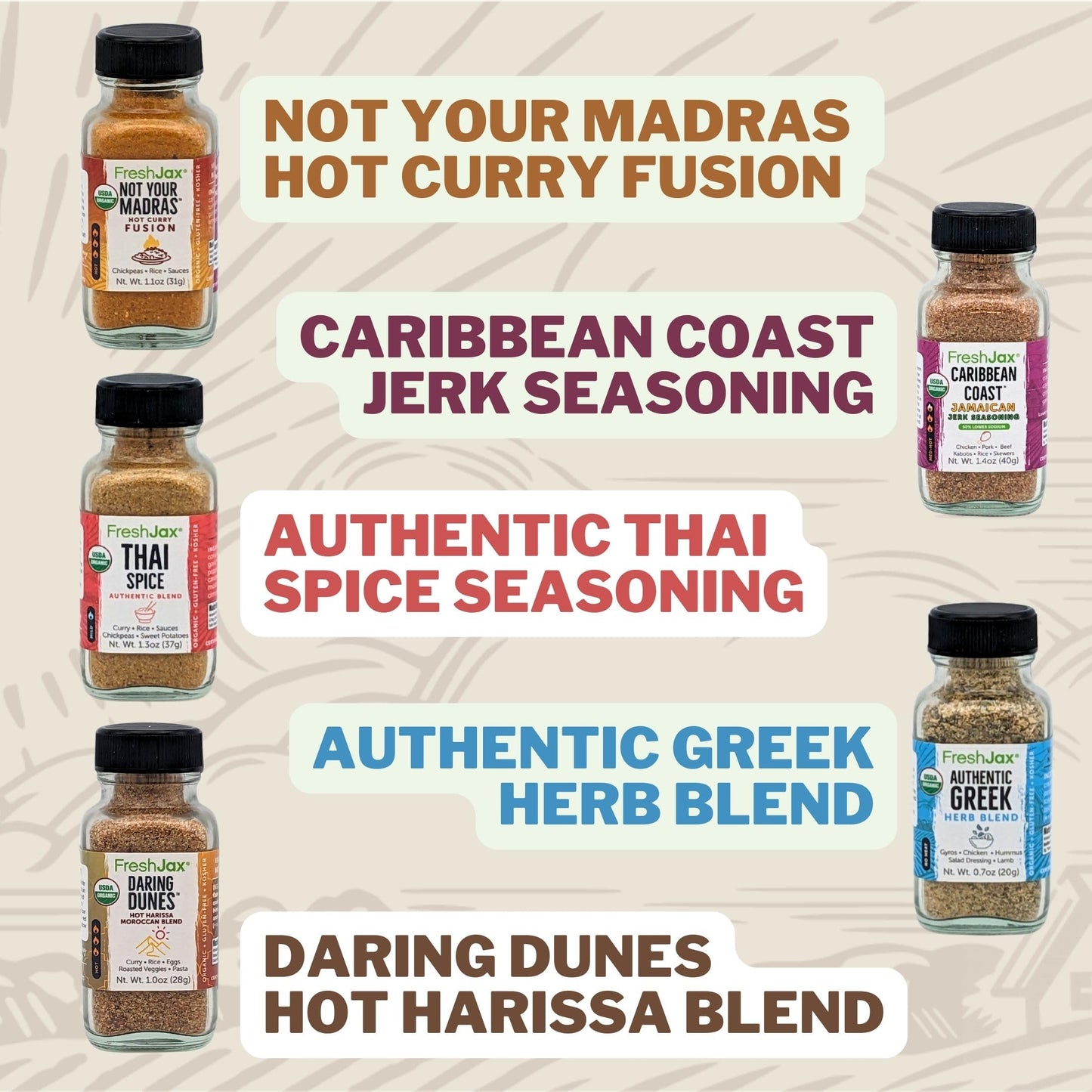 Freshjax International Spices Gift Set | 5 Sampler Sized Organic Spices and Seasonings | World of Flavors Seasoning Gift Set | G