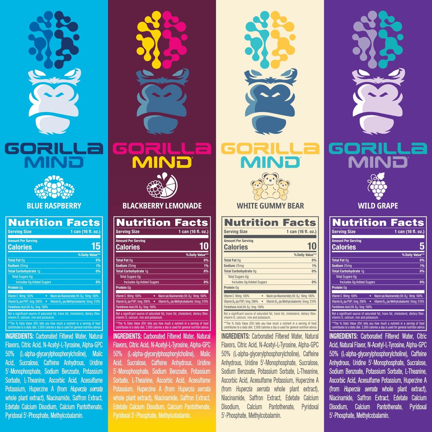 Gorilla Mind Energy Drink | Unmatched Energy  Amplified Focus | N-Acetyl-L-Tyrosine  Alpha-GPC  200mg Caffeine  Uridine  Saffron | 0 Sugar Or Artificial Colors | 16oz | 12-Pack (Variety Pack #1)