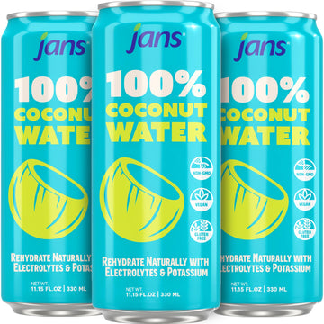Jans 100% Coconut Water No Added Sugar 11.15oz (Pack of 12) Pure Coconut Refreshment, Vegan, Gluten-Free, Hydration with Electro