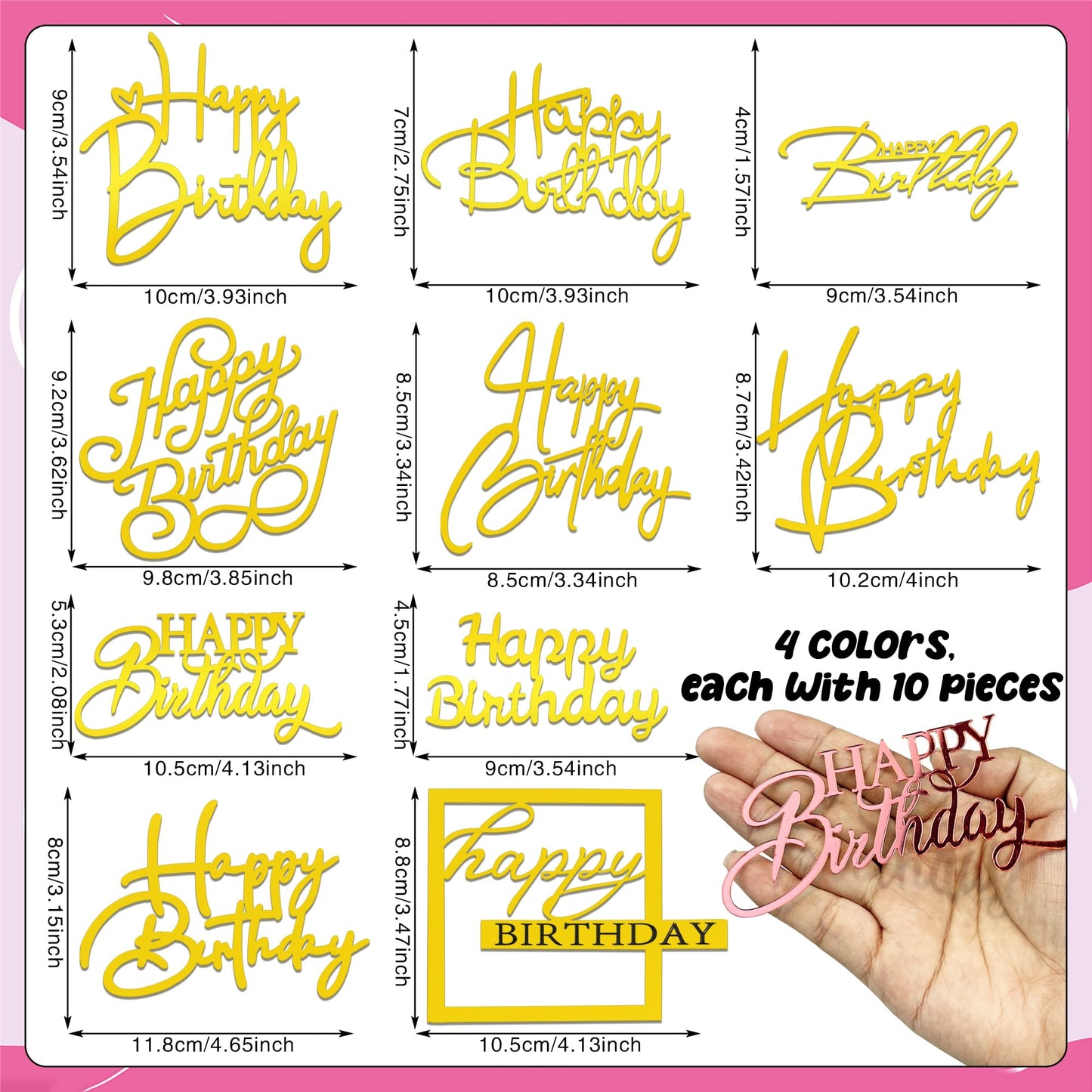 40 Pcs Happy Birthday Cake Toppers Mirror Acrylic Cake Topper Side Cake Decorations Cake Inserts Cake Decorating Supplies Cupcak