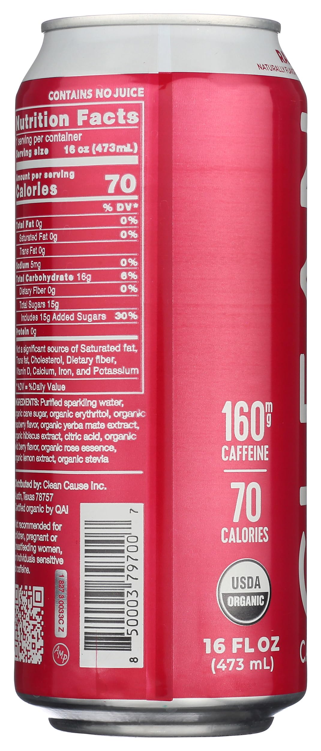 CLEAN CAUSE Yerba Mate Energy Drink, Raspberry Flavor, 16 Fl Oz, Refreshing Energy Boost