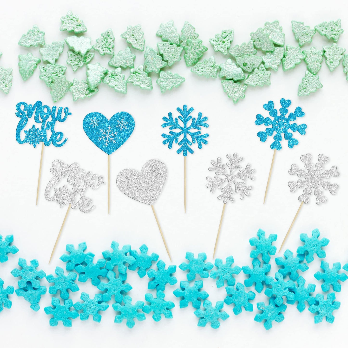 Gyufise 24Pcs Snowflake Cupcake Topper Blue Silver Glitter Winter Heart Snow In Love Cake Toppers For Winter Wonderland Wedding
