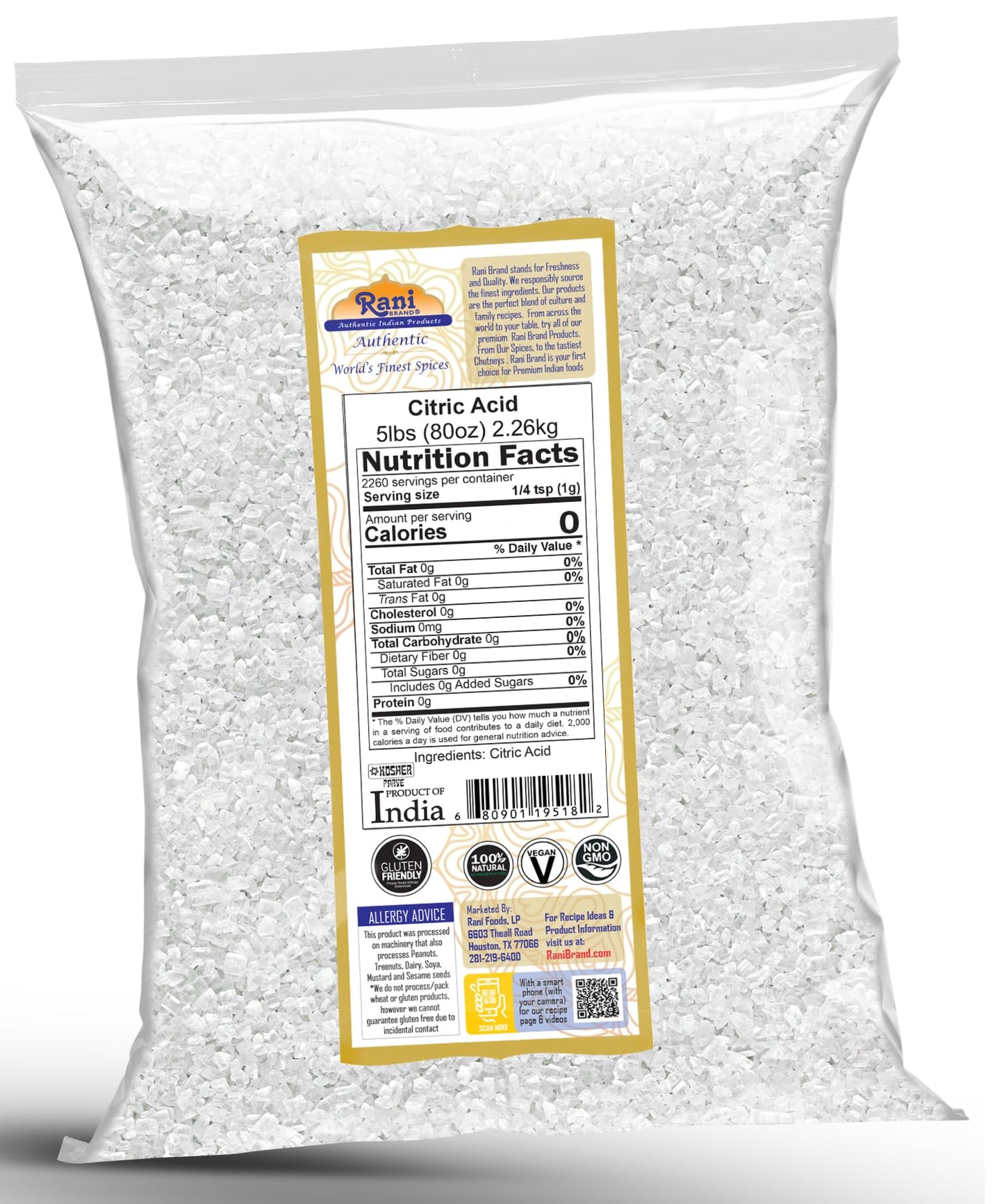 Rani Citric Acid Powder, Food Grade, 5 lbs (80 oz), Gluten Friendly, Kosher, Indian Origin