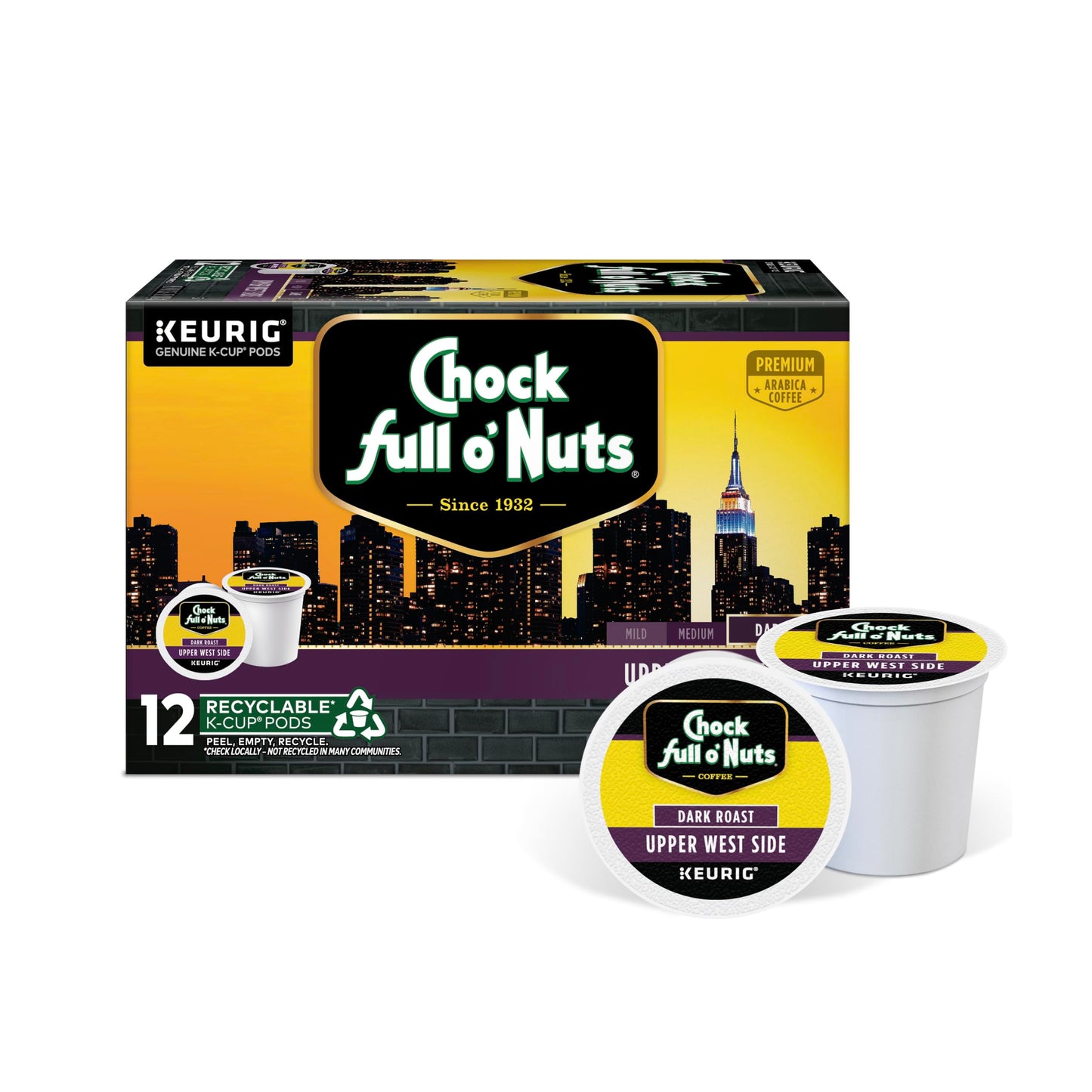 Chock Full o Nuts Dark Roast Coffee, Keurig K-Cup Pods, 12 Count