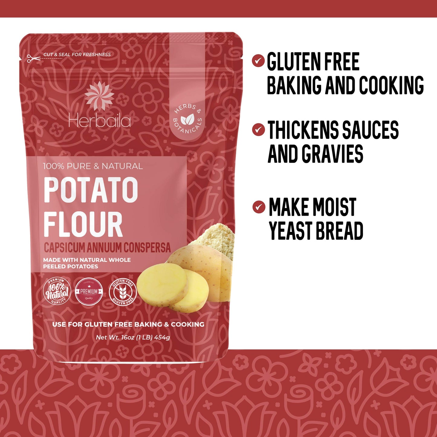 Herbaila Potato Flour 32Oz, Potato Bread Flour, Gluten Free Flour, Made From Whole Potatoes, Very Fine, Non-Gmo