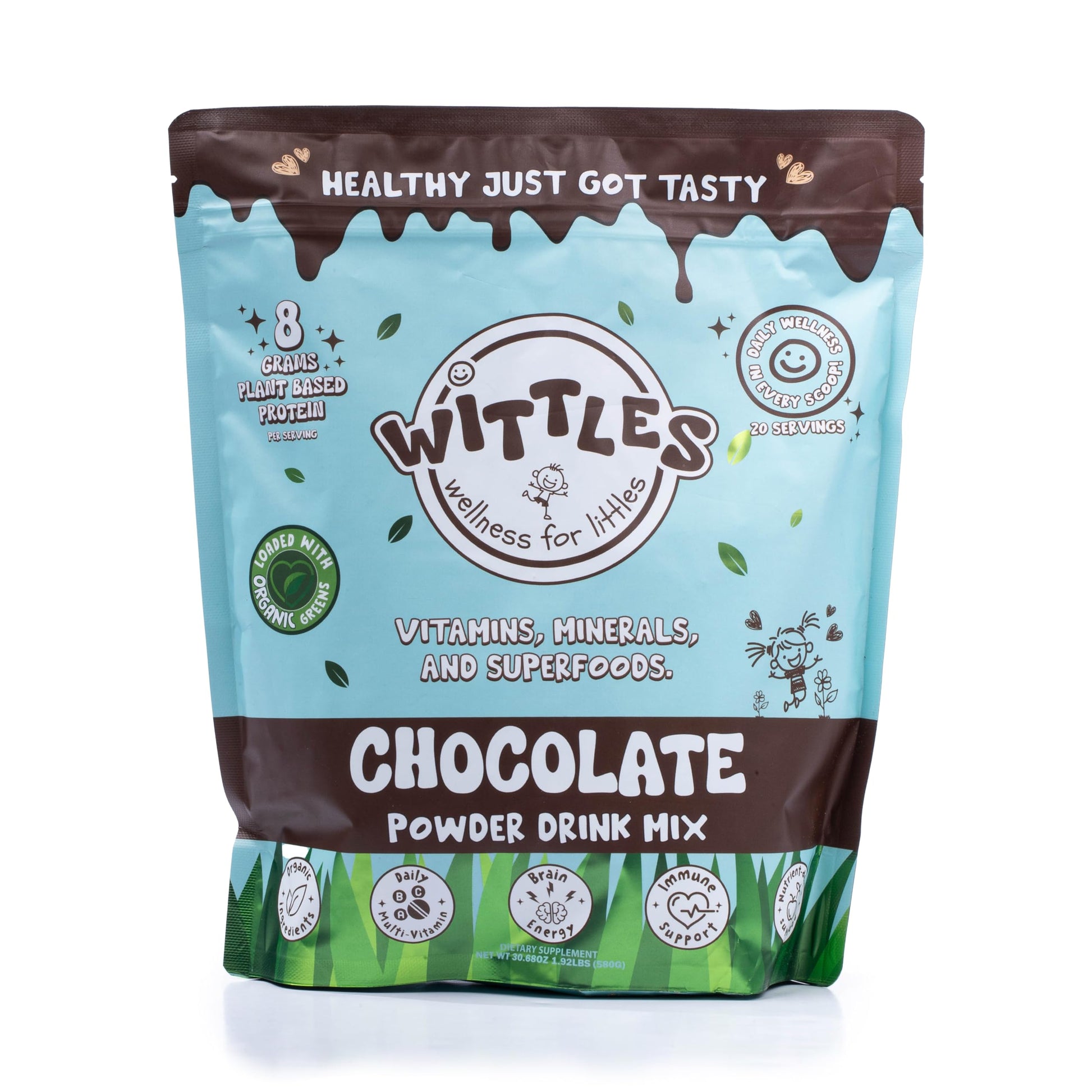Wittles Kids Organic Chocolate Protein Shake for Youth & Teens  8g of Protein Powder + Superfood Nutrition Powder for Kids (30 Servings  Chocolate)