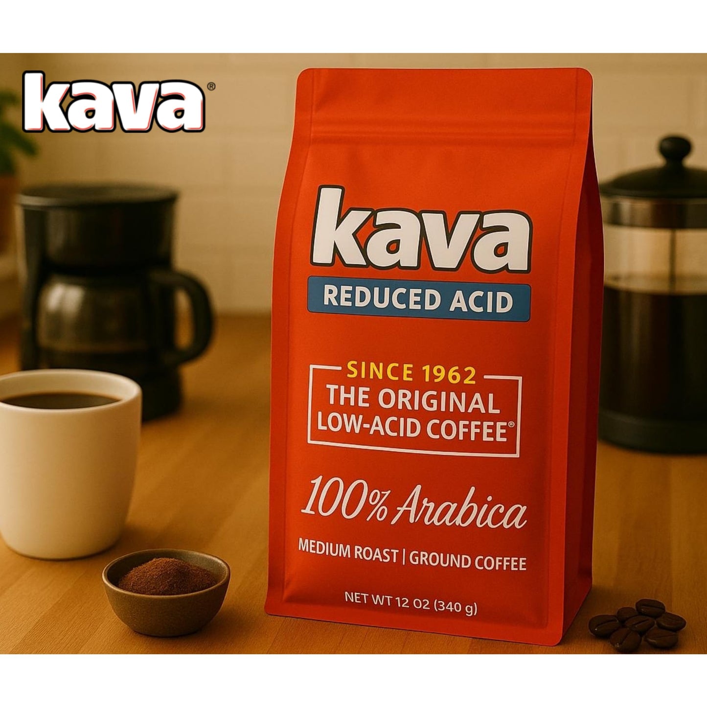 Kava Low Acid Neutralized Ground Coffee - Medium Roast Arabica, Smooth Flavor, 12 Ounce Bag (Pack of 1)