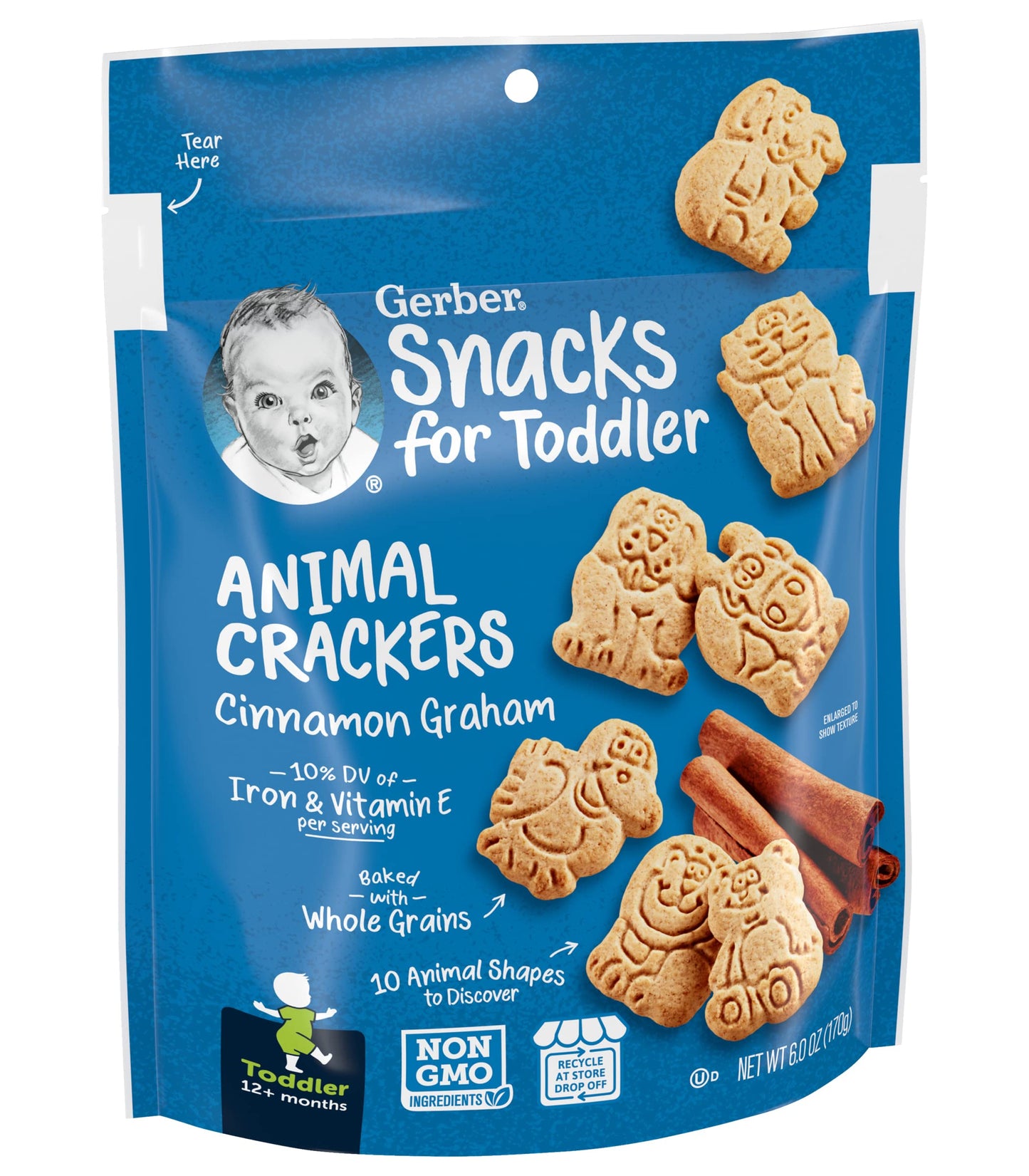 Gerber Snacks for Toddler Animal Crackers, Cinnamon Graham, Toddler Snack Baked with Whole Grains & Non-GMO Ingredients, 6 Ounce