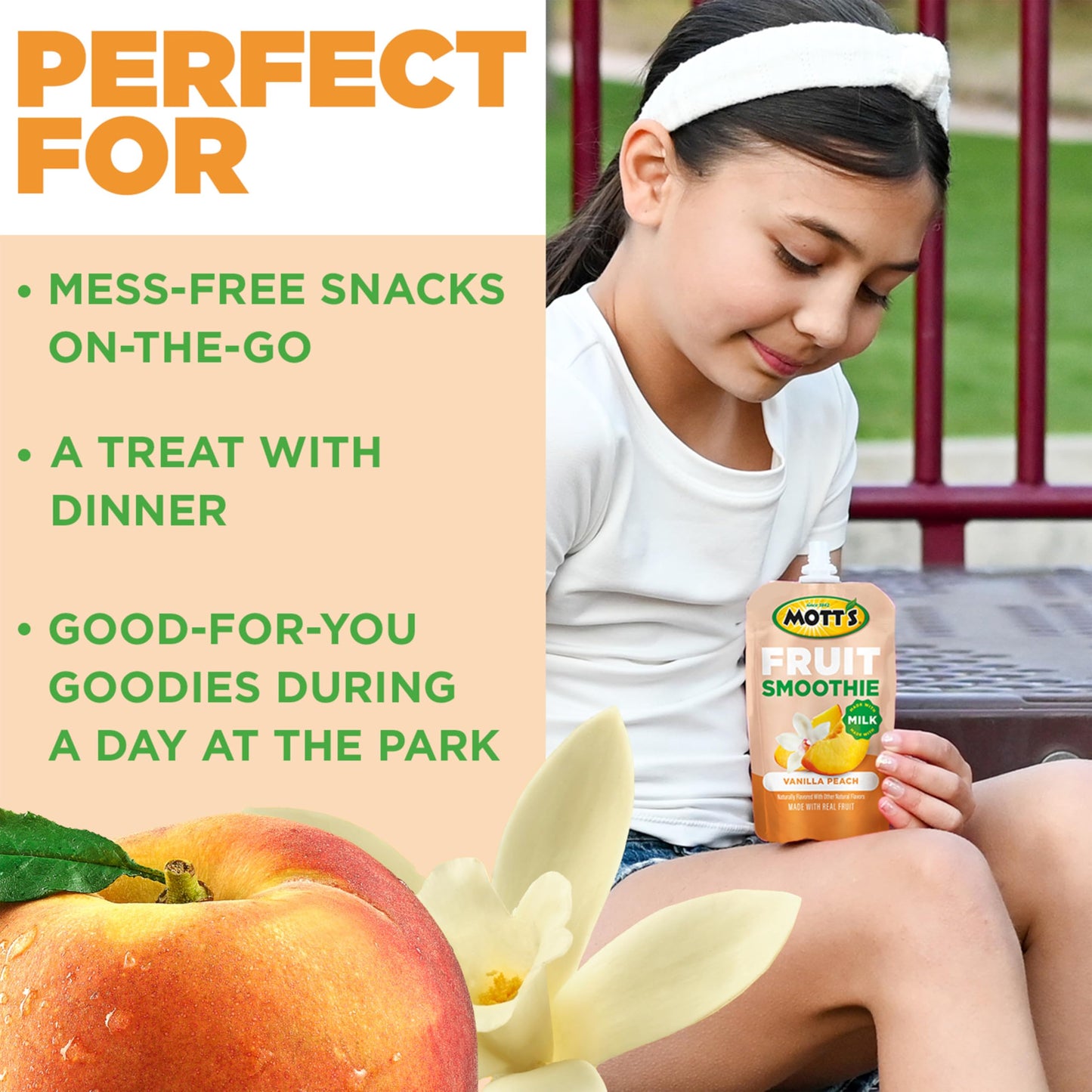 Motts Fruit Smoothies Vanilla Peach, 4.2 oz clear pouches, 24 Count (6 Packs of 4), Made With Milk, Made With Real Fruit, Good S