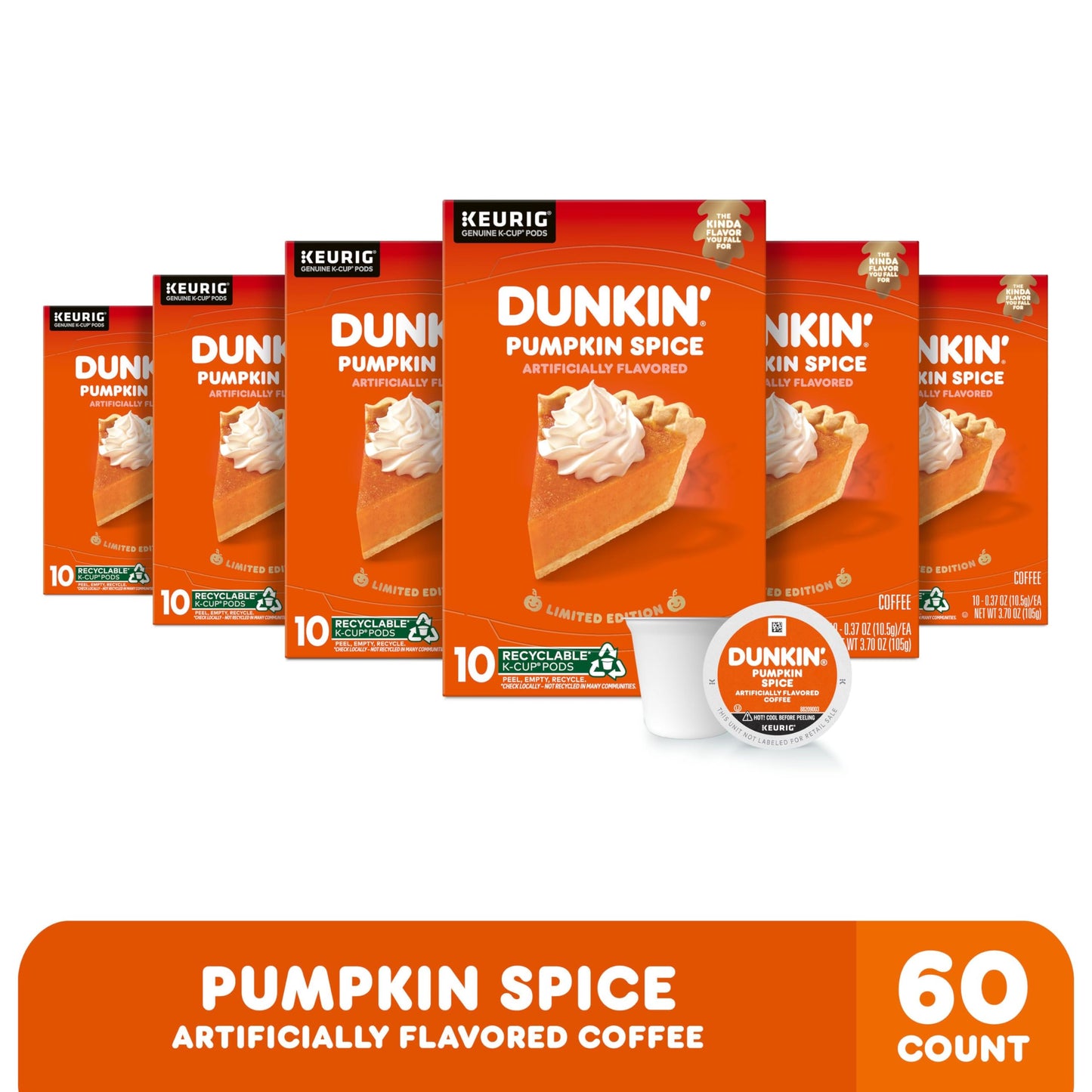 Dunkin Pumpkin Spice Coffee, Limited Edition Fall Coffee, K Cup Pods , 10 Count Boxes (Pack Of 6)