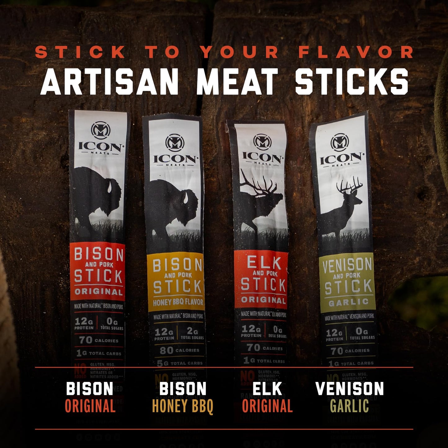 ICON Meats Snack Sticks Sampler - Assorted Bison, Elk, Venison, Pork - 24 Pack, 6 Sticks per Flavor - All Natural, USDA Approved