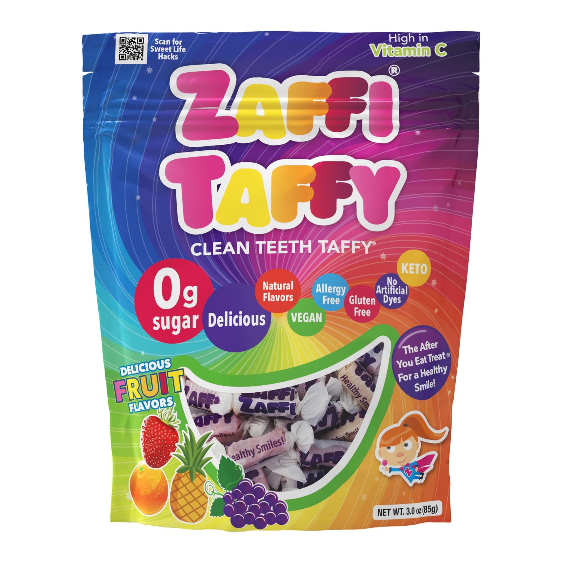 Zollipops Clean Teeth Taffy Assorted Flavors, Natural Fruit Flavor, 3 Oz (Pack of 25) - Perfect for On-the-Go Dental-Friendly Sn