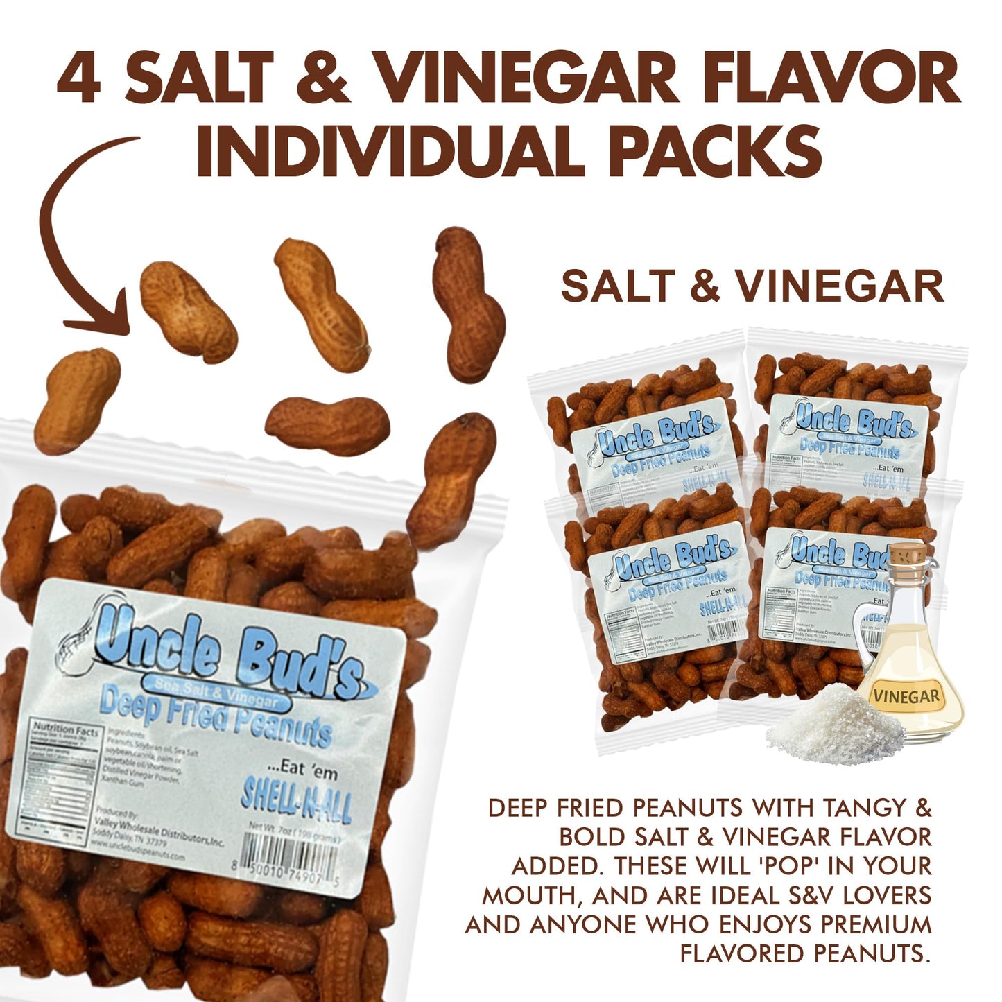 Uncle Bud'S Deep Fried Peanuts In Shell (4-Pack) | Salt And Vinegar Peanuts, Salted Peanuts In The Shell, Shelled Peanuts Snack