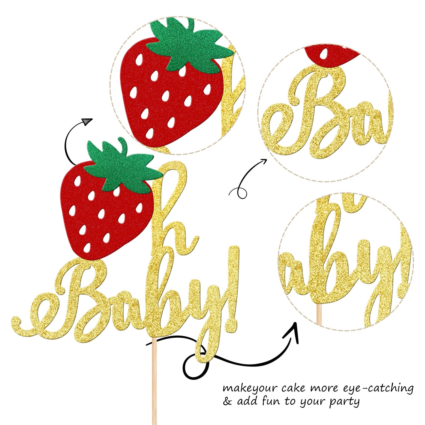 1 Pcs Strawberry Oh Baby Cake Topper Glitter Baby Shower Strawberry Cake Pick Decorations For Fruit Theme Gender Reveal Baby Sho