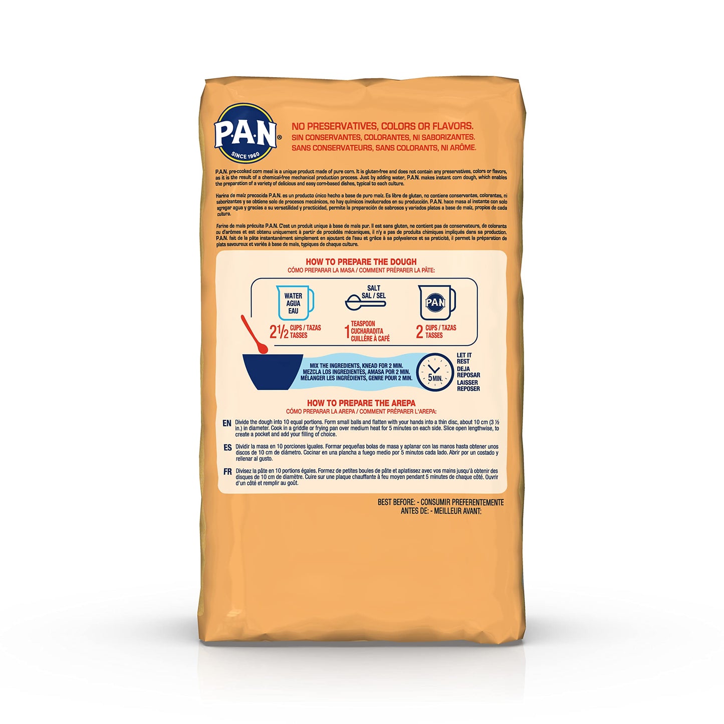 P.A.N. Yellow Corn Meal - Pre-Cooked Gluten Free And Kosher Flour For Arepas, 2.27 Kg (5 Lb) (Pack Of 4)