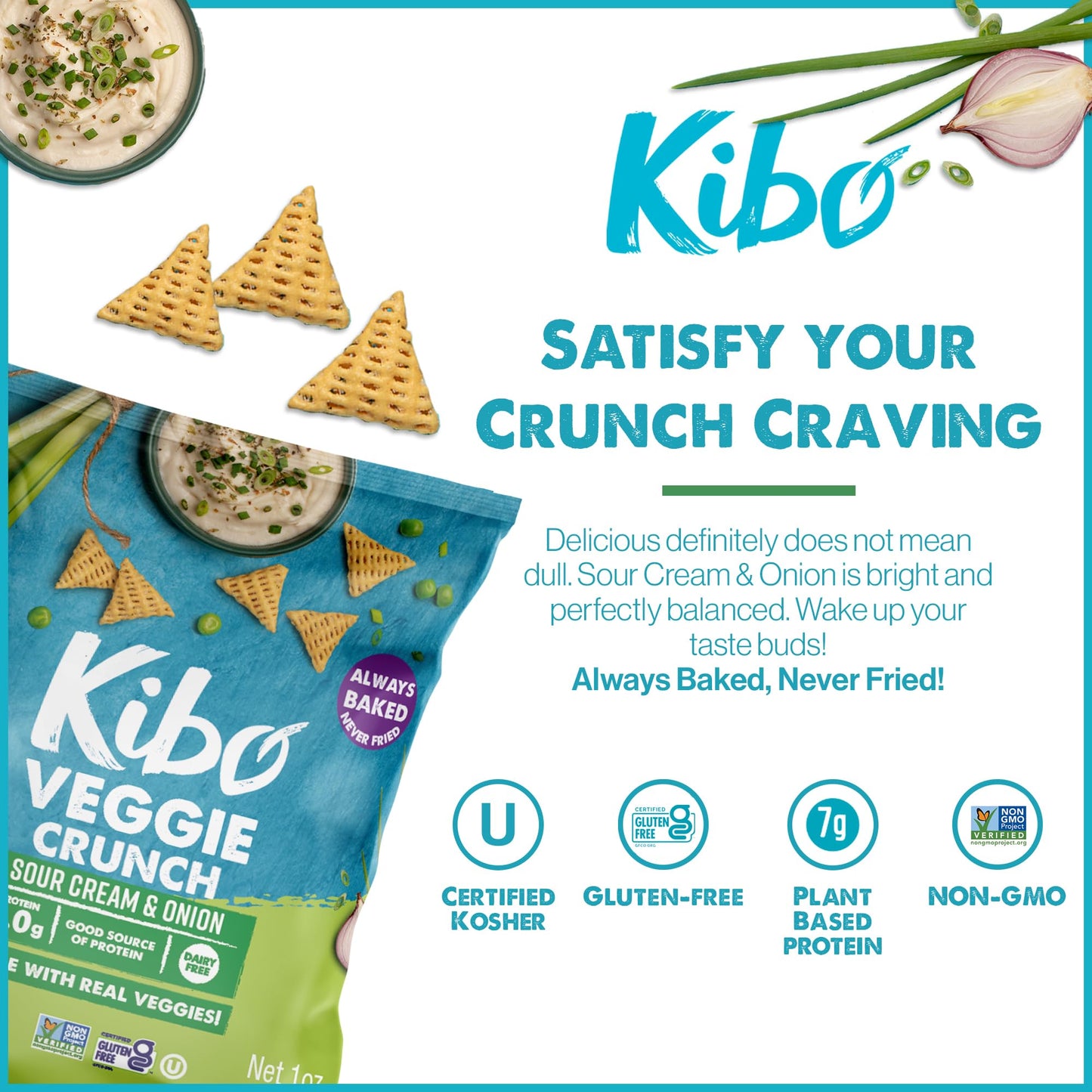 Kibo Veggie Chips Sour Cream And Onion - Plant-Based Protein, Gluten-Free, Non-Gmo, Vegan-Friendly, 3D Triangles, Crunchy, Made